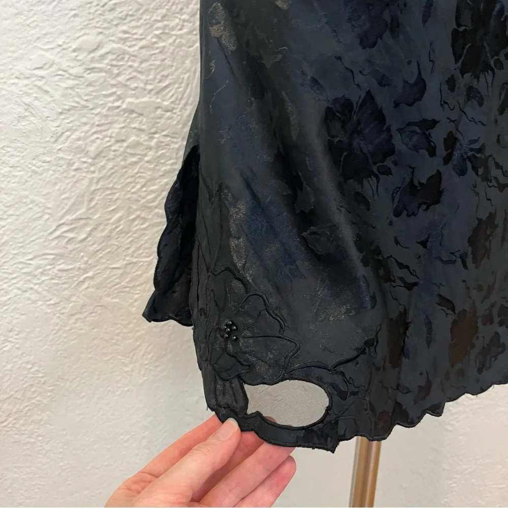 Vintage Half Slip Skirt Black Satin Floral Embroidered Beaded Goth Whimsigoth S